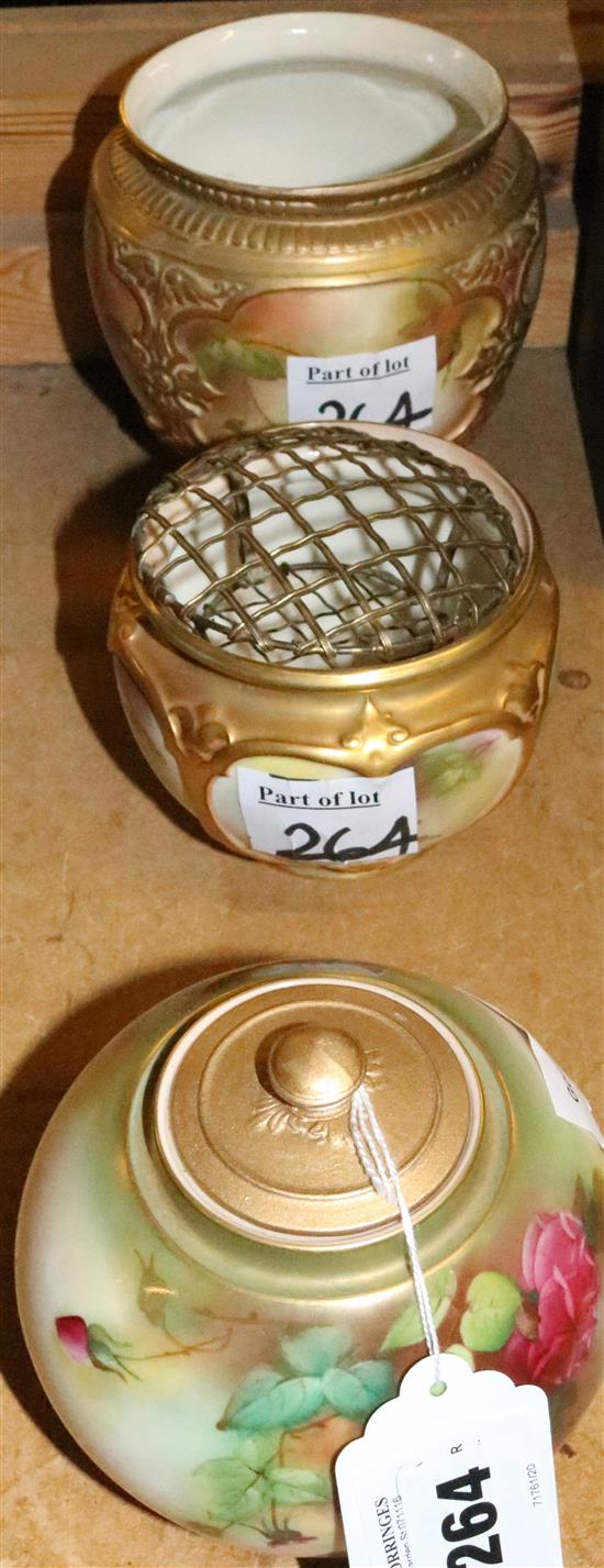 Two Royal Worcester rose painted small rose bowls (one damaged) and a similar urn, unsigned (3)